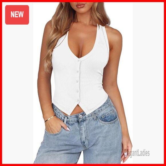 Tops - Ribbed Halter Tank Top Slim Fit Button Front Backless Crop Vest